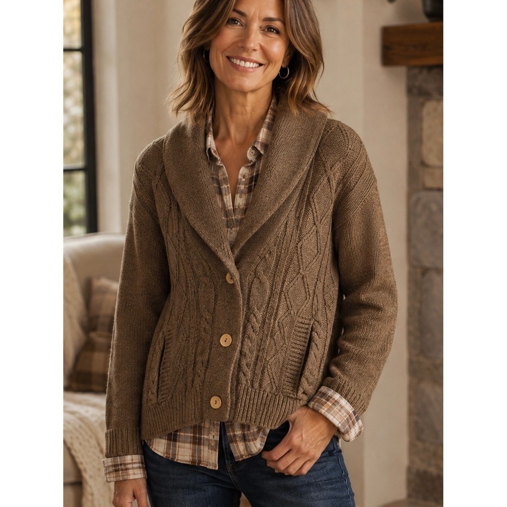 Pilcro Womens Cardigan Brown Medium Shawl Collar Cable‎ Knit Preppy Cozy Rustic